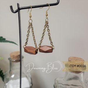 Wooden Bead Gold Dangle Earring- Unique Rustic by Tineka Dawn